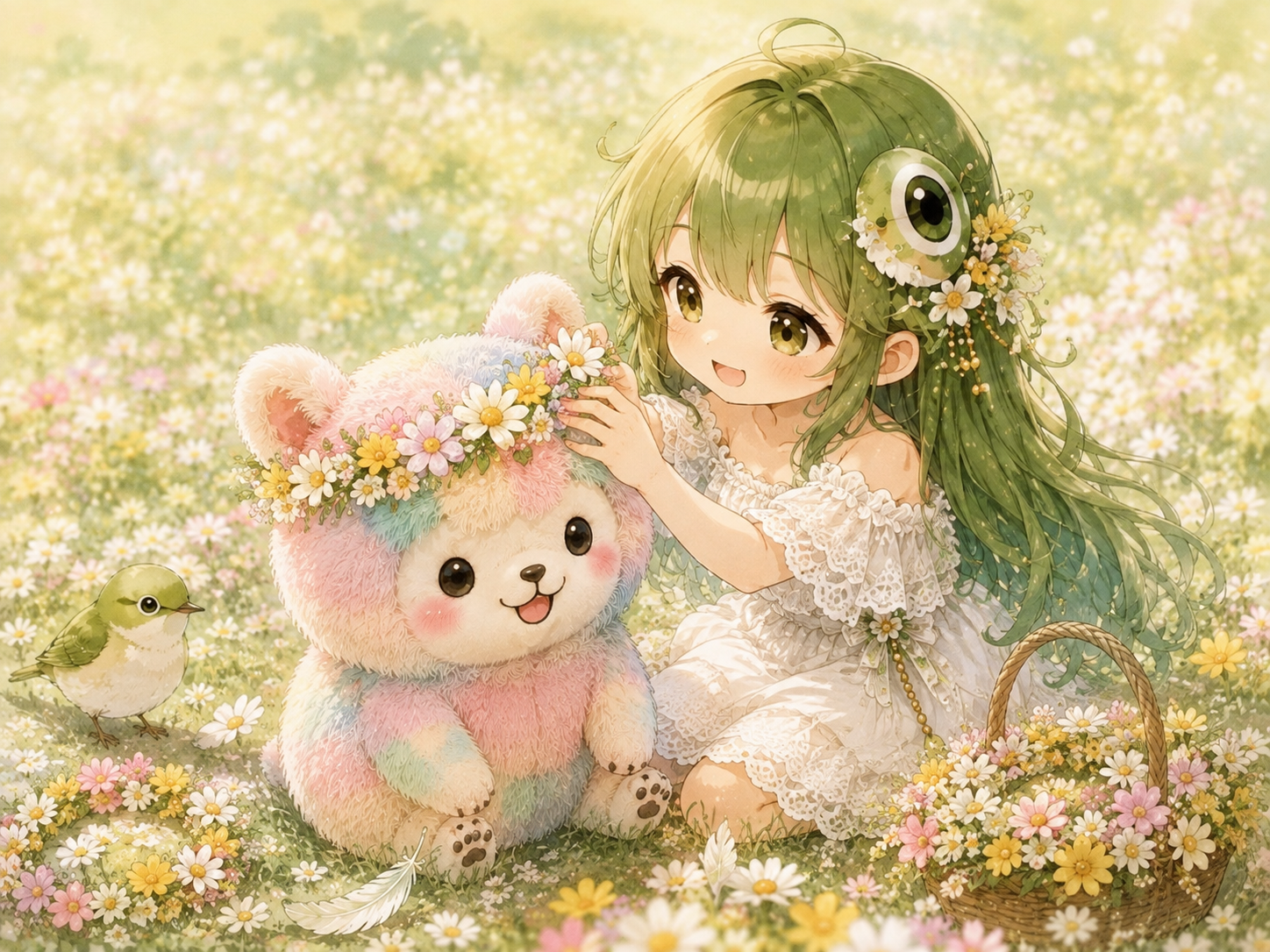 花畑でぬいぐるみと過ごすメジロちゃん