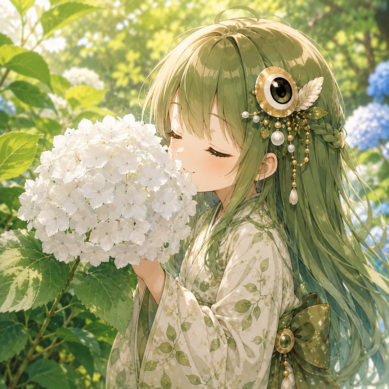 紫陽花を抱くメジロちゃん