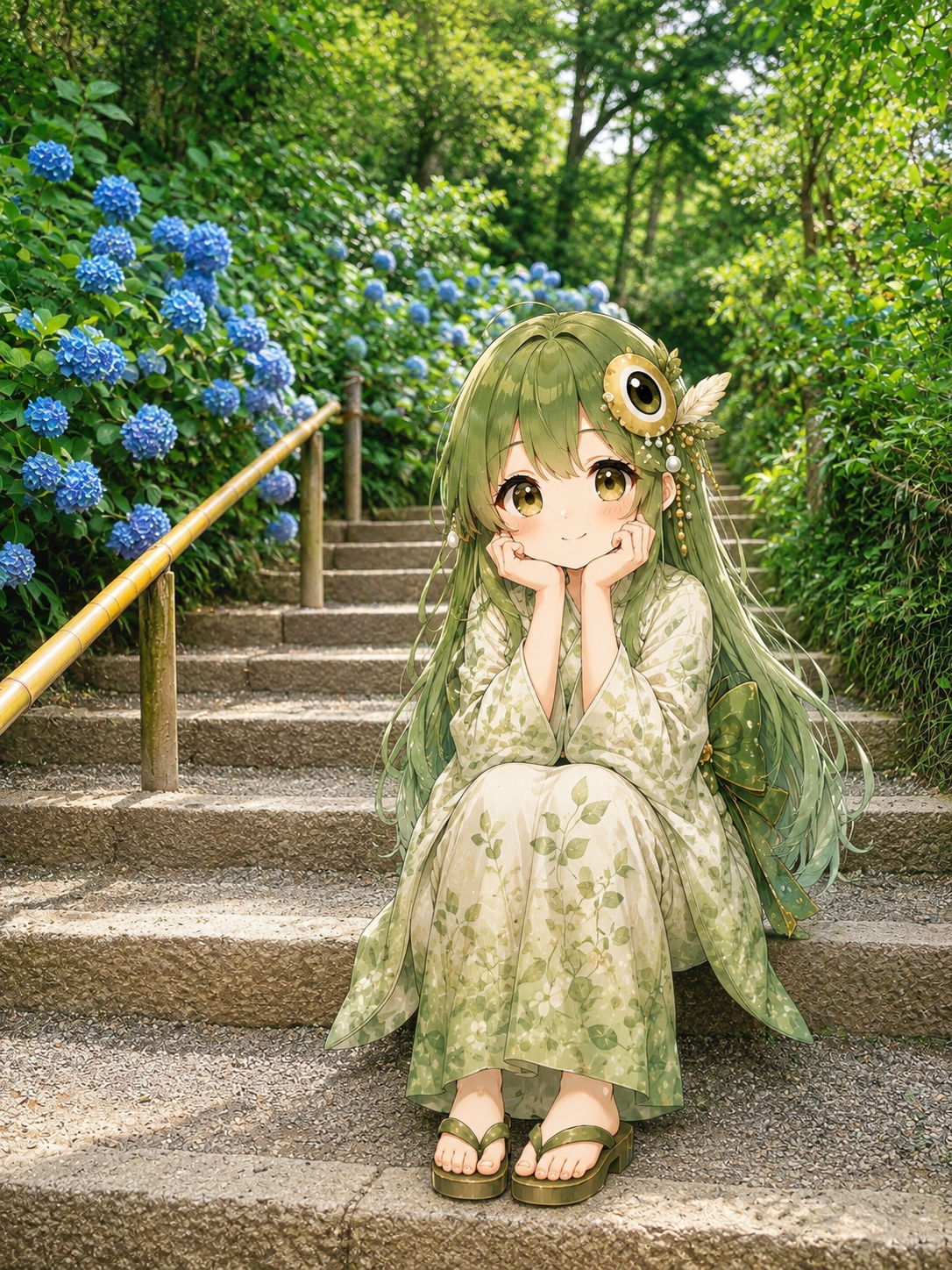 紫陽花の階段に座るメジロちゃん