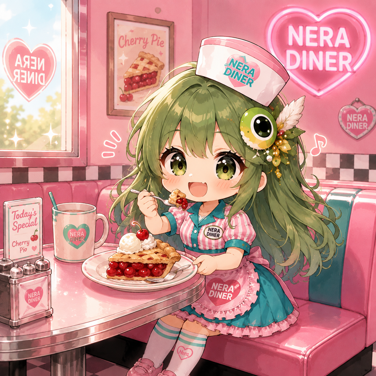 ネラダイナーでチェリーパイを食べるメジロちゃん