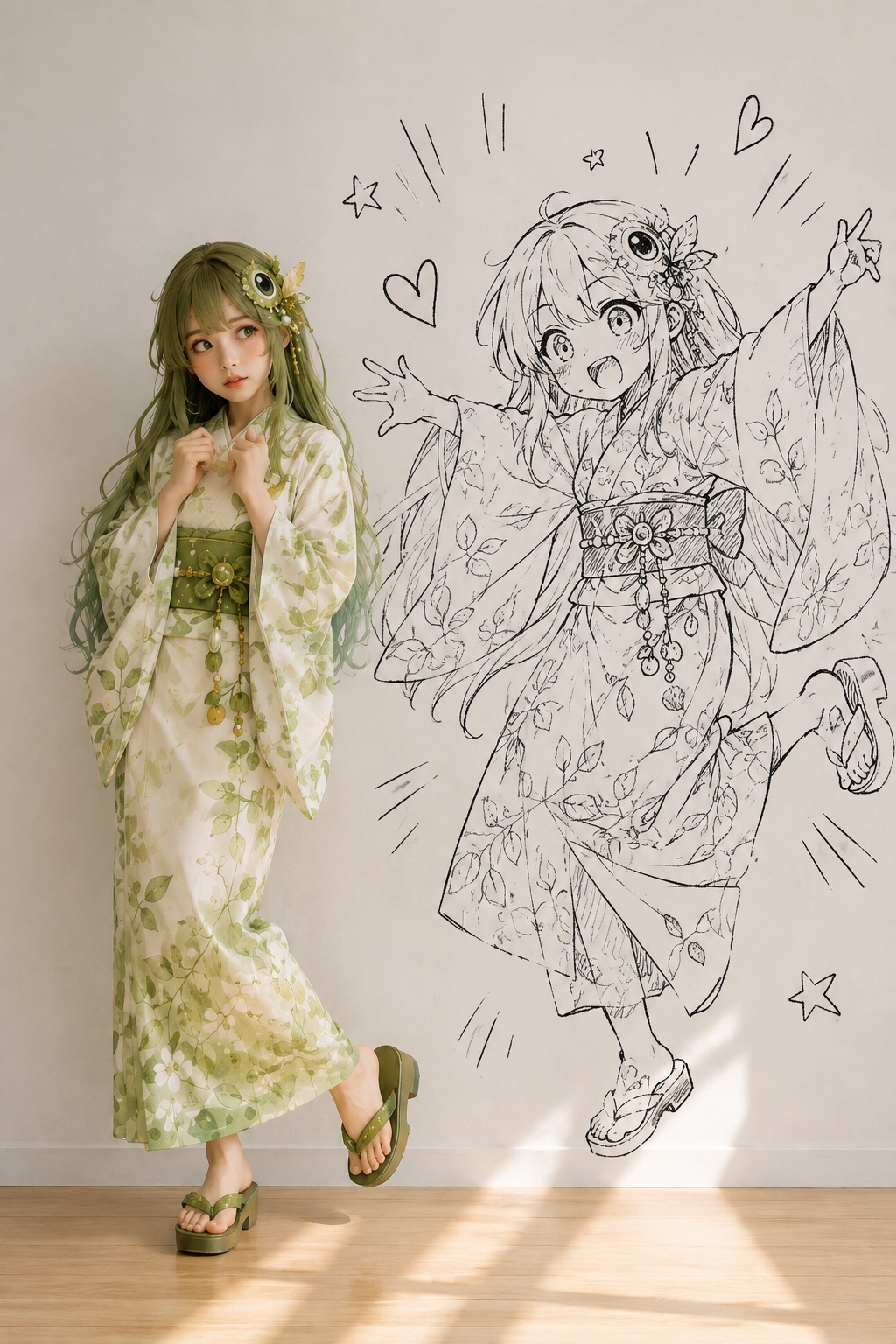 浴衣姿とスケッチのメジロちゃん